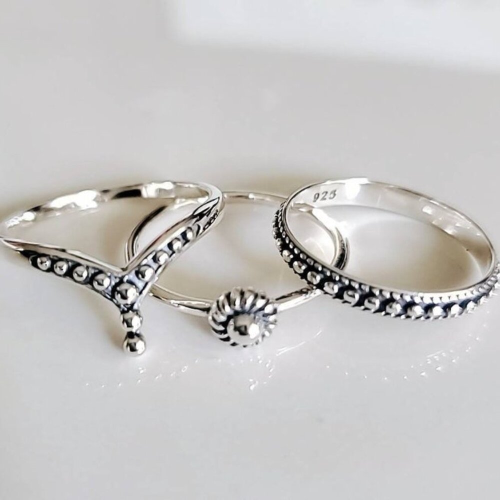 Sterling Silver 3 Ring Set, Beaded Chevron, Band, Flower 925 Women Ring,